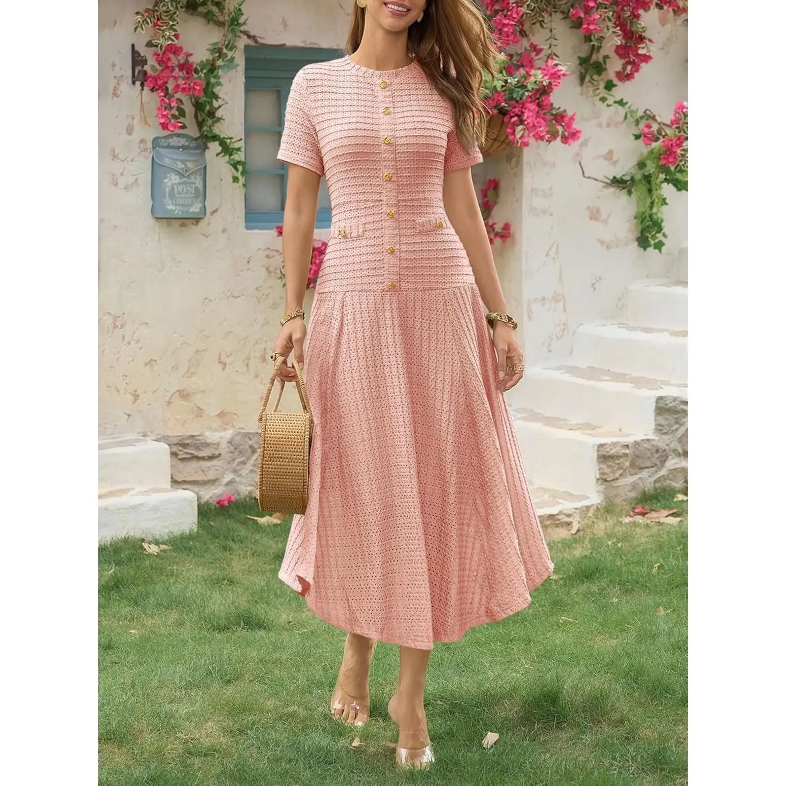 Wenrine Womens Midi Dress Summer Casual Short Sleeve Crewneck Button Decor. Textured Slim Fit a Line Dresses