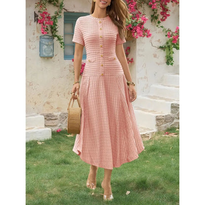 Wenrine Womens Midi Dress Summer Casual Short Sleeve Crewneck Button Decor. Textured Slim Fit a Line Dresses