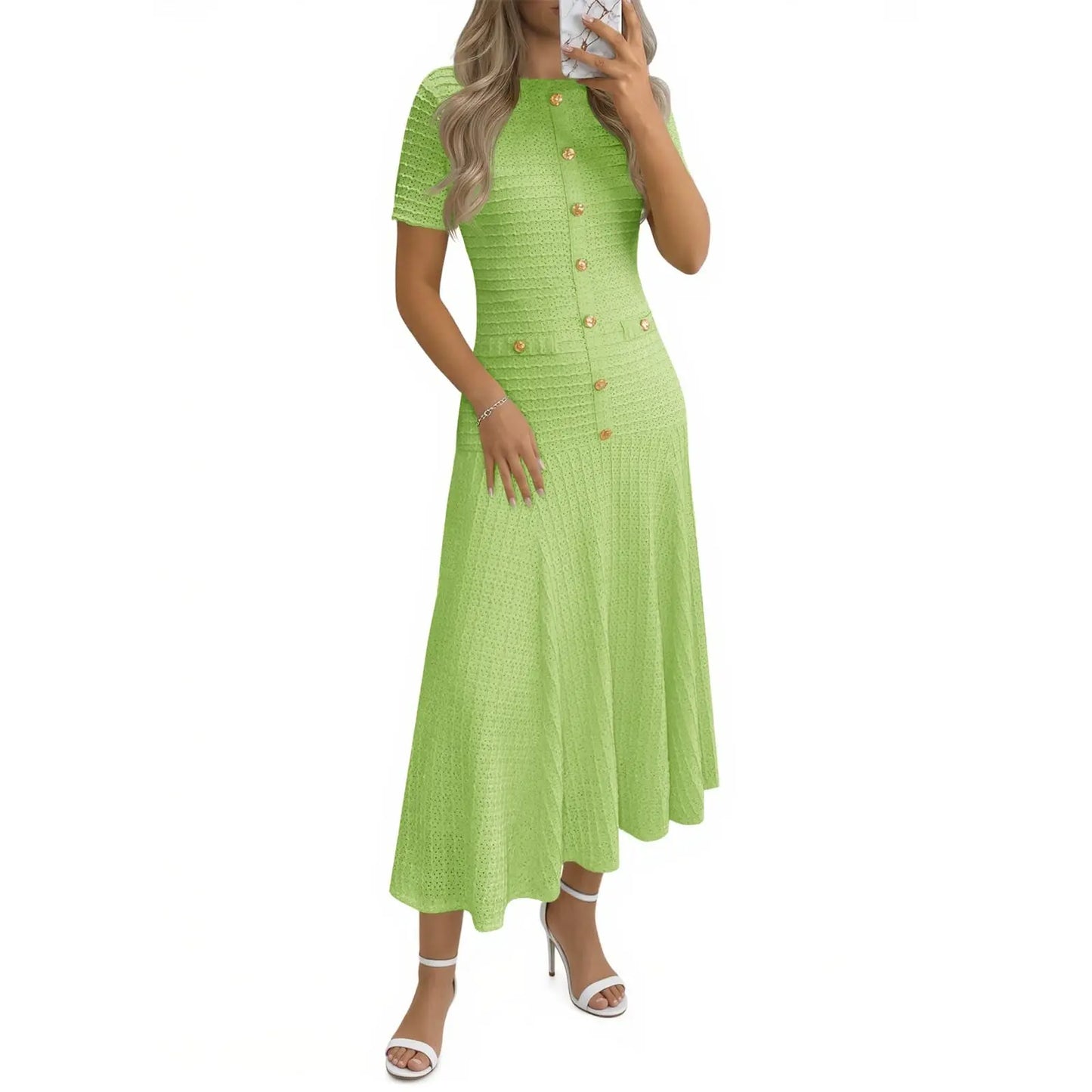 Wenrine Womens Midi Dress Summer Casual Short Sleeve Crewneck Button Decor. Textured Slim Fit a Line Dresses