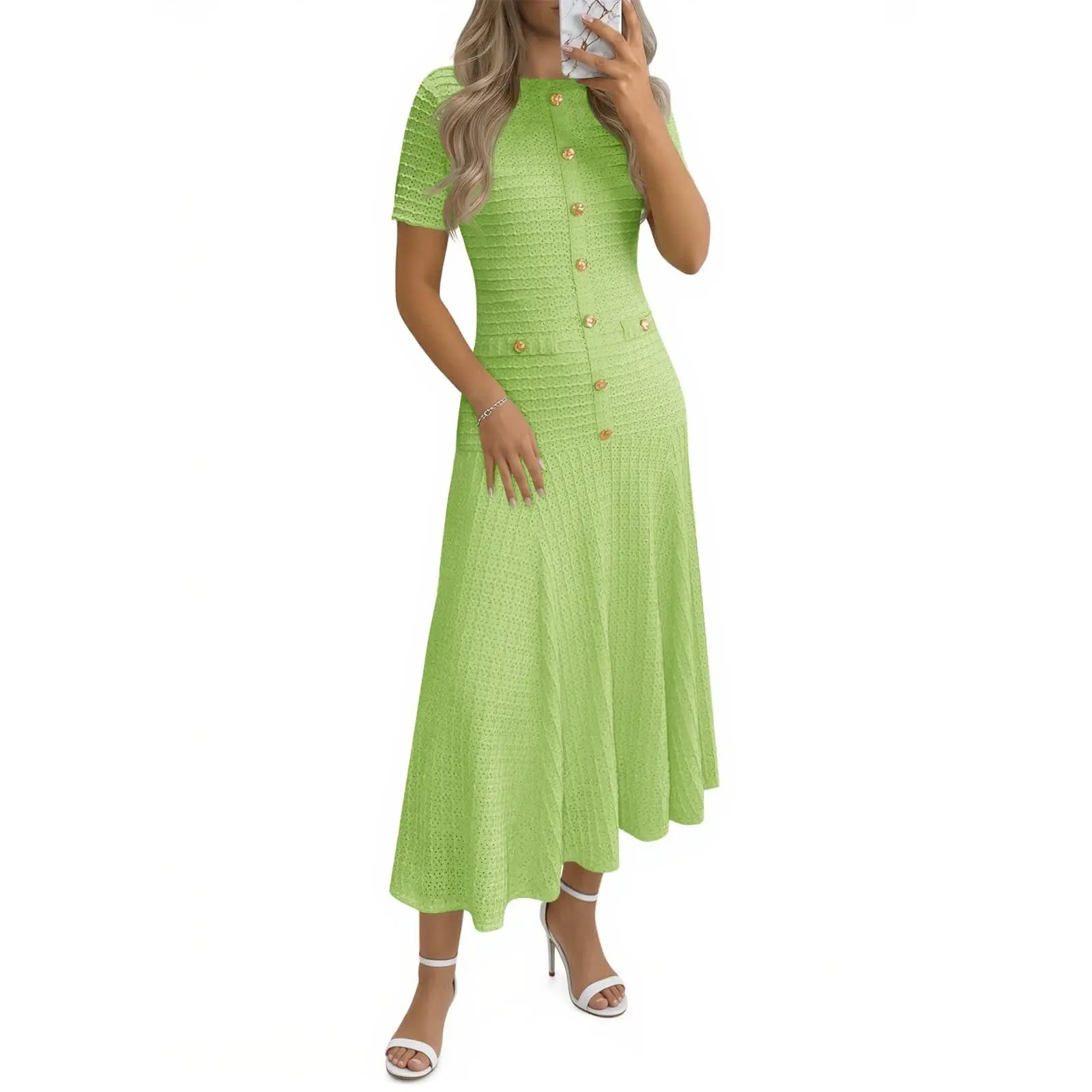 Wenrine Womens Midi Dress Summer Casual Short Sleeve Crewneck Button Decor. Textured Slim Fit a Line Dresses