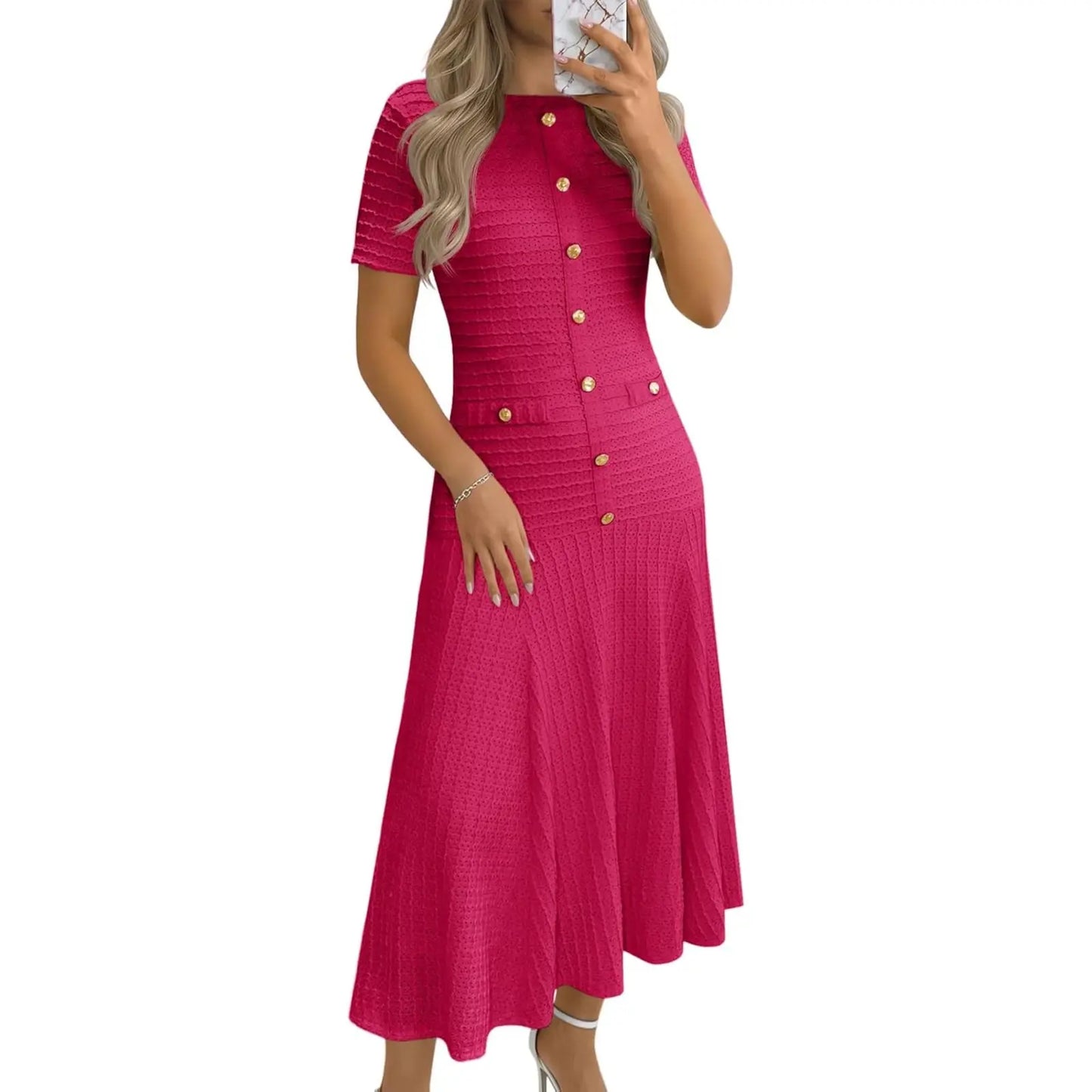 Wenrine Womens Midi Dress Summer Casual Short Sleeve Crewneck Button Decor. Textured Slim Fit a Line Dresses