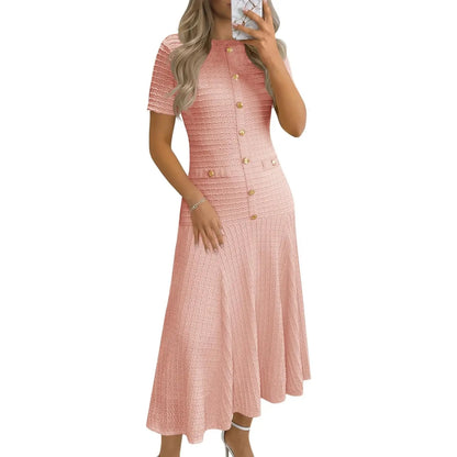 Wenrine Womens Midi Dress Summer Casual Short Sleeve Crewneck Button Decor. Textured Slim Fit a Line Dresses
