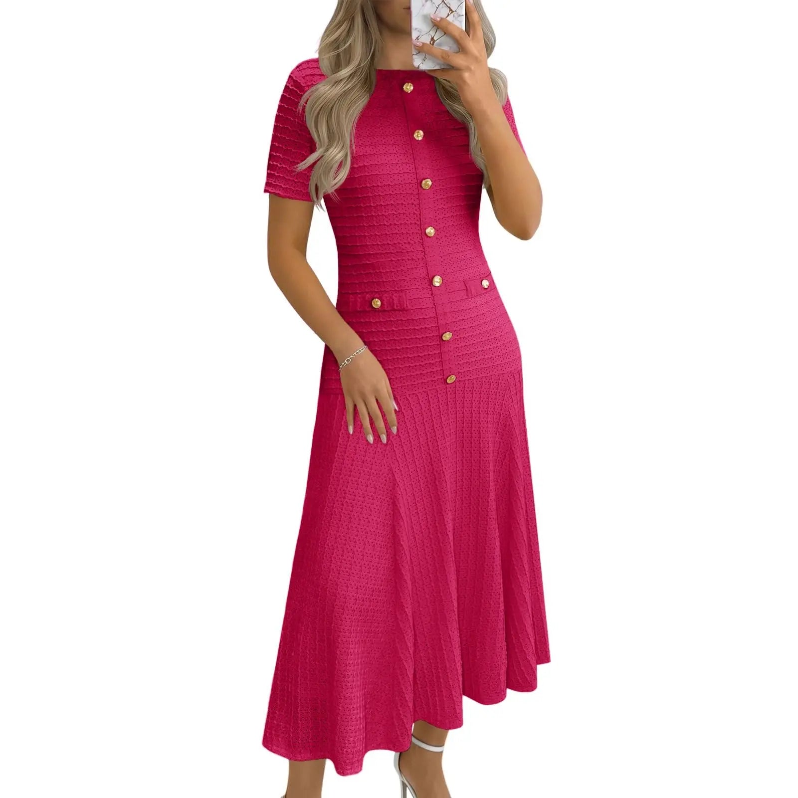 Wenrine Womens Midi Dress Summer Casual Short Sleeve Crewneck Button Decor. Textured Slim Fit a Line Dresses