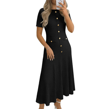 Wenrine Womens Midi Dress Summer Casual Short Sleeve Crewneck Button Decor. Textured Slim Fit a Line Dresses