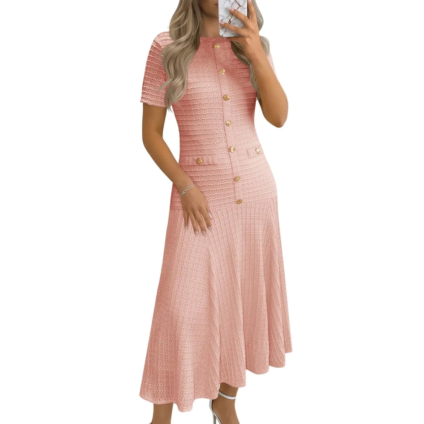 Wenrine Womens Midi Dress Summer Casual Short Sleeve Crewneck Button Decor. Textured Slim Fit a Line Dresses