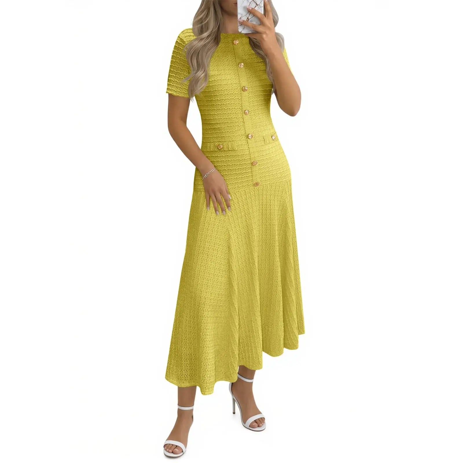 Wenrine Womens Midi Dress Summer Casual Short Sleeve Crewneck Button Decor. Textured Slim Fit a Line Dresses