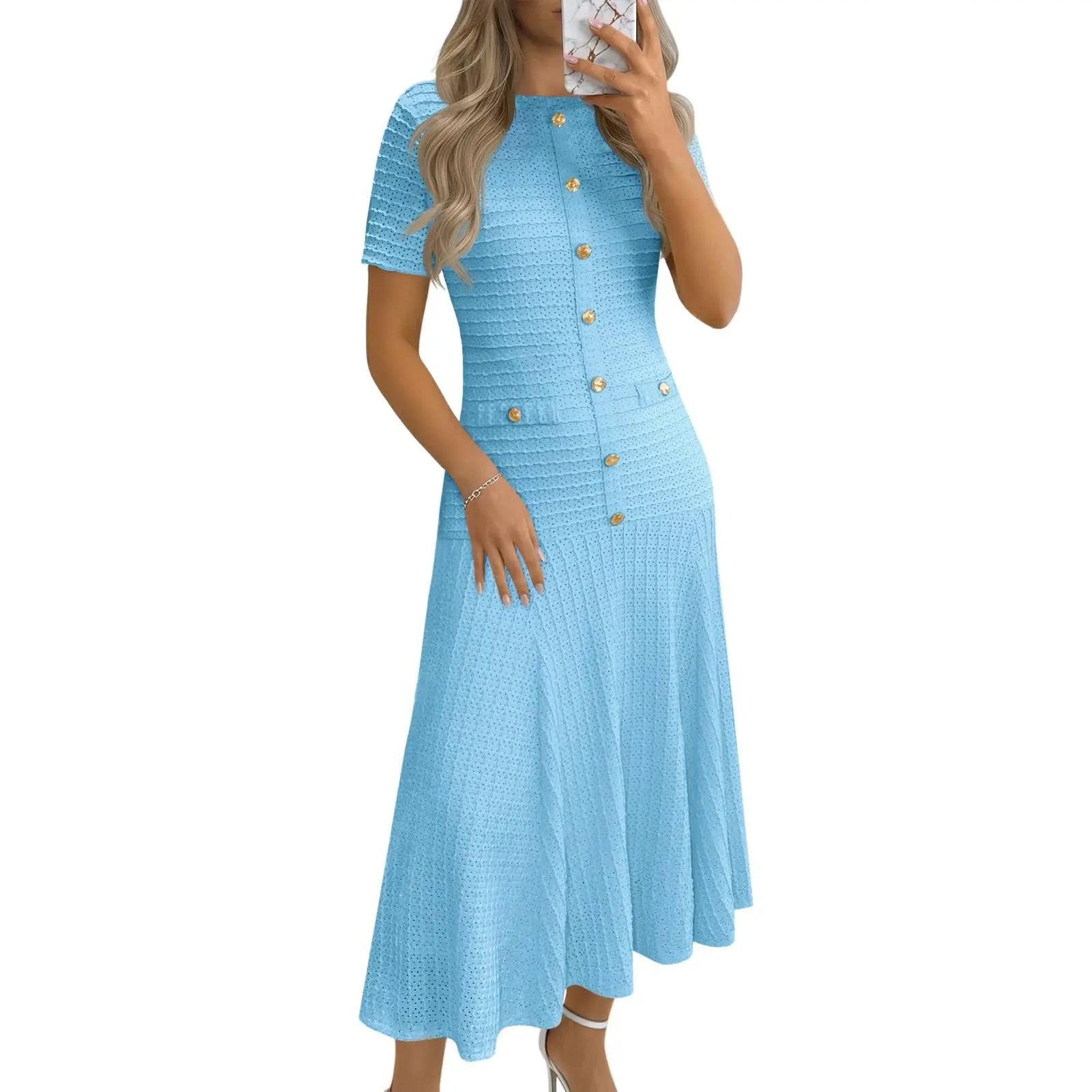 Wenrine Womens Midi Dress Summer Casual Short Sleeve Crewneck Button Decor. Textured Slim Fit a Line Dresses