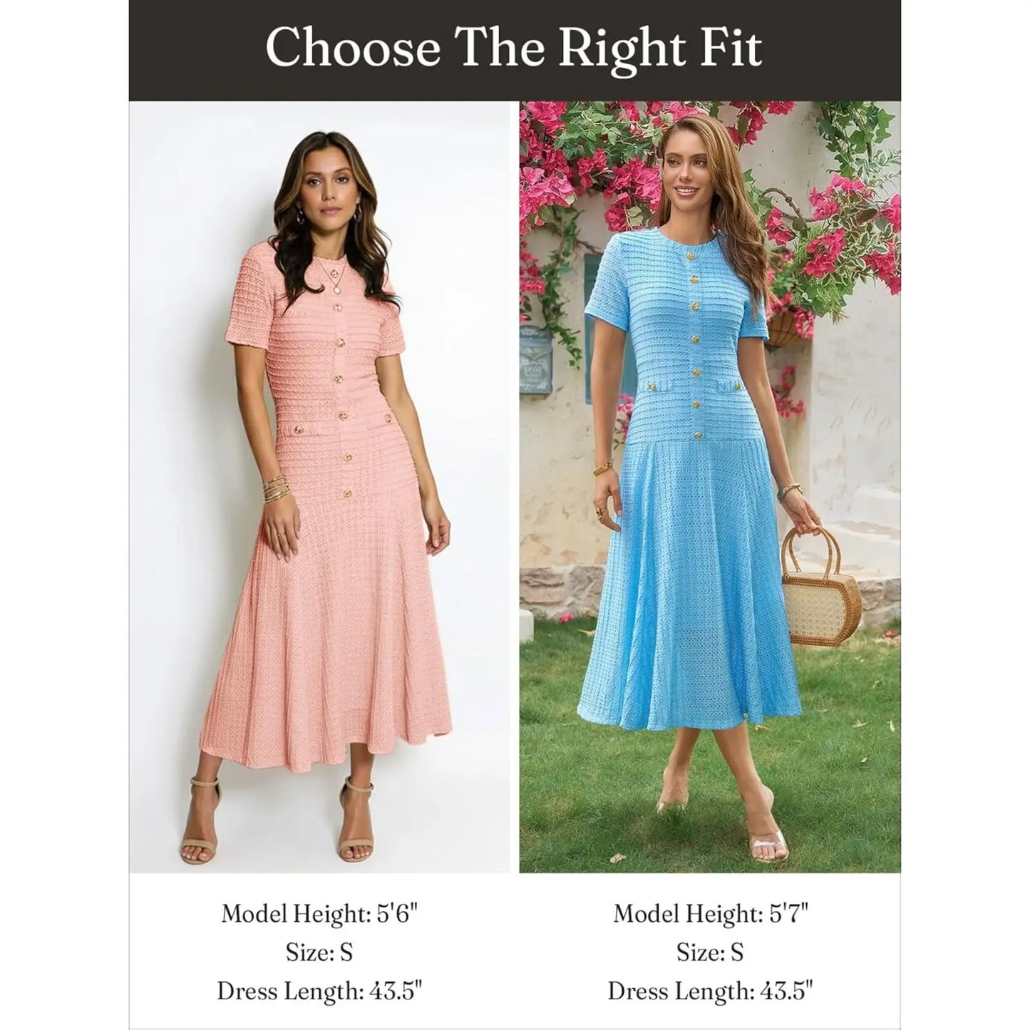 Wenrine Womens Midi Dress Summer Casual Short Sleeve Crewneck Button Decor. Textured Slim Fit a Line Dresses