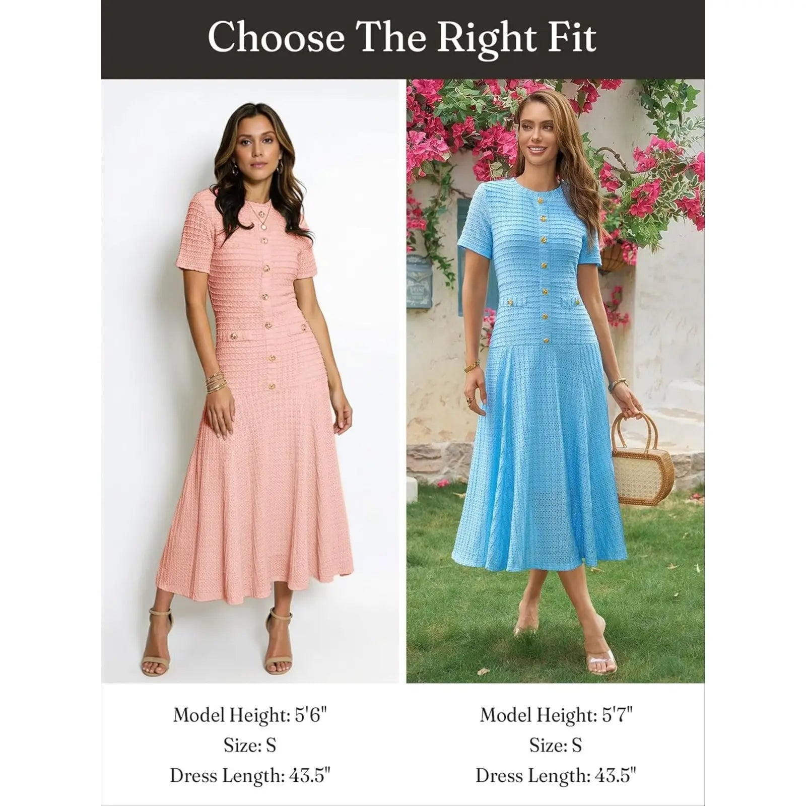 Wenrine Womens Midi Dress Summer Casual Short Sleeve Crewneck Button Decor. Textured Slim Fit a Line Dresses