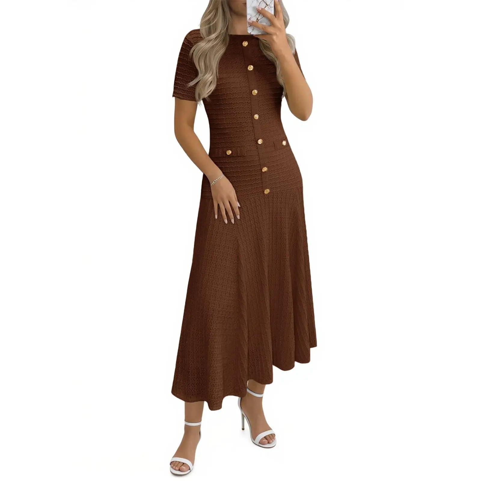 Wenrine Womens Midi Dress Summer Casual Short Sleeve Crewneck Button Decor. Textured Slim Fit a Line Dresses