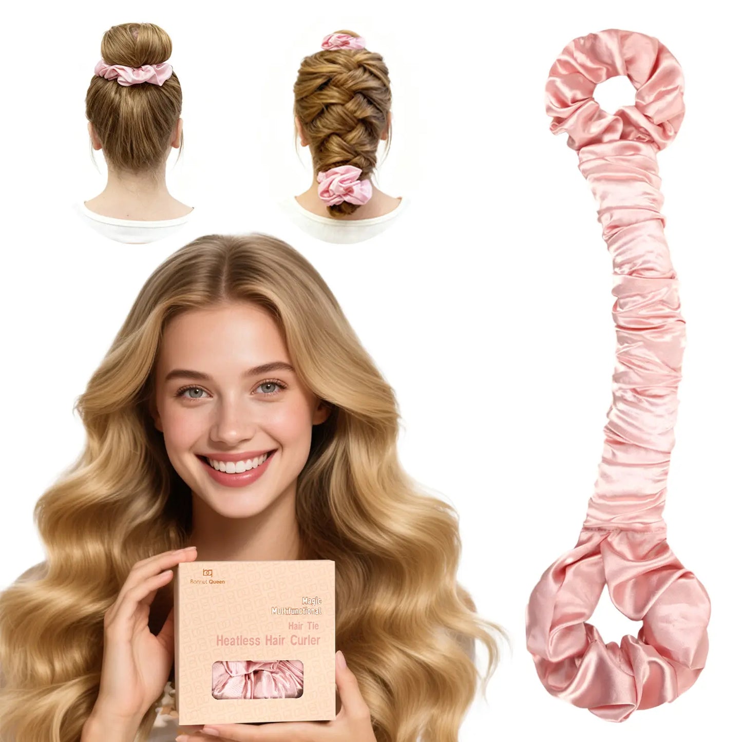 BONNET QUEEN Multi-Function Satin Heatless Hair Curler & Hair Tie Non-Heating Hair Roller Curling Rod with Scrunchie, Large, Champagne(For Big Curls), Hair Curling Rods Outdoorfun,Summervibes