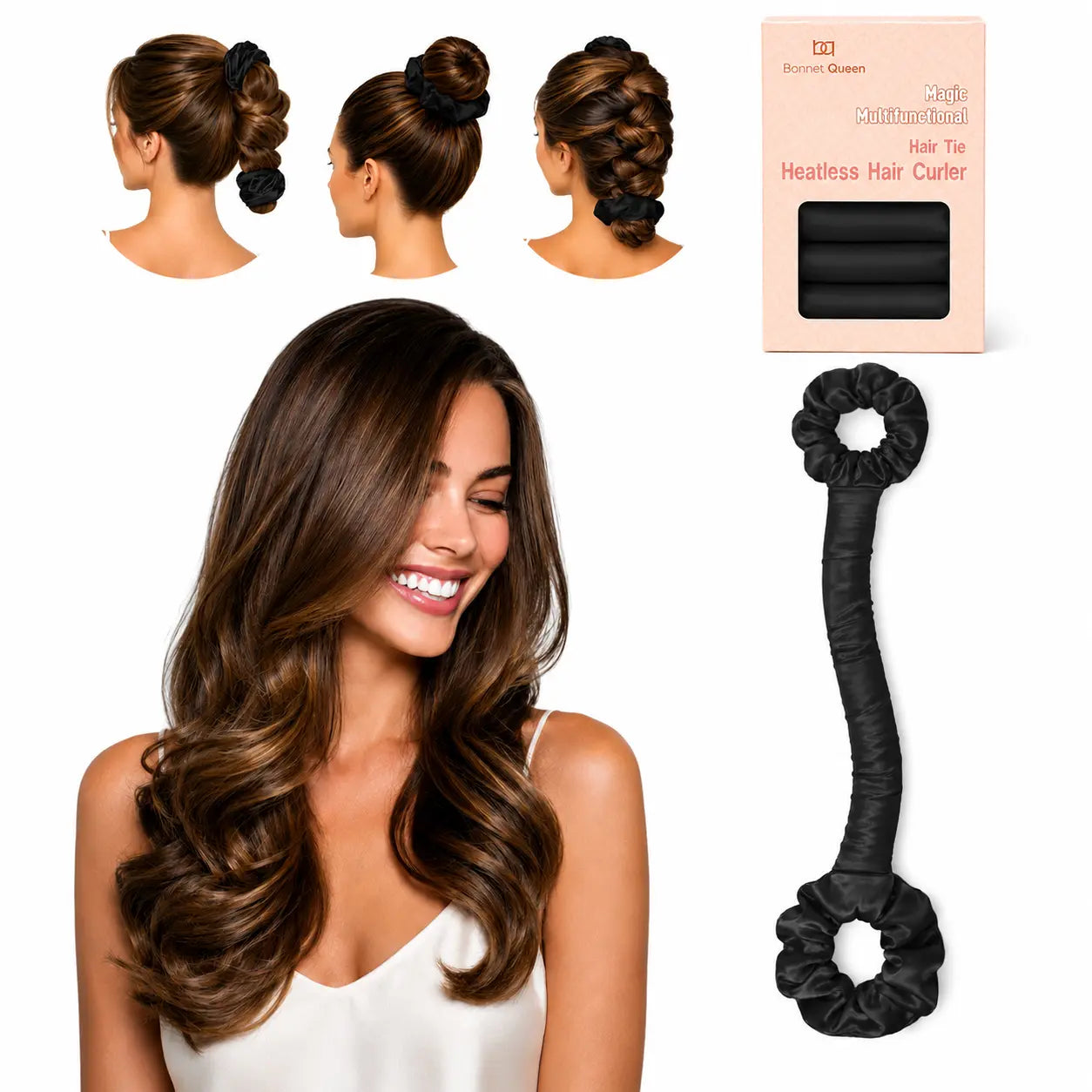 BONNET QUEEN Multi-Function Satin Heatless Hair Curler & Hair Tie Non-Heating Hair Roller Curling Rod with Scrunchie, Large, Champagne(For Big Curls), Hair Curling Rods Outdoorfun,Summervibes