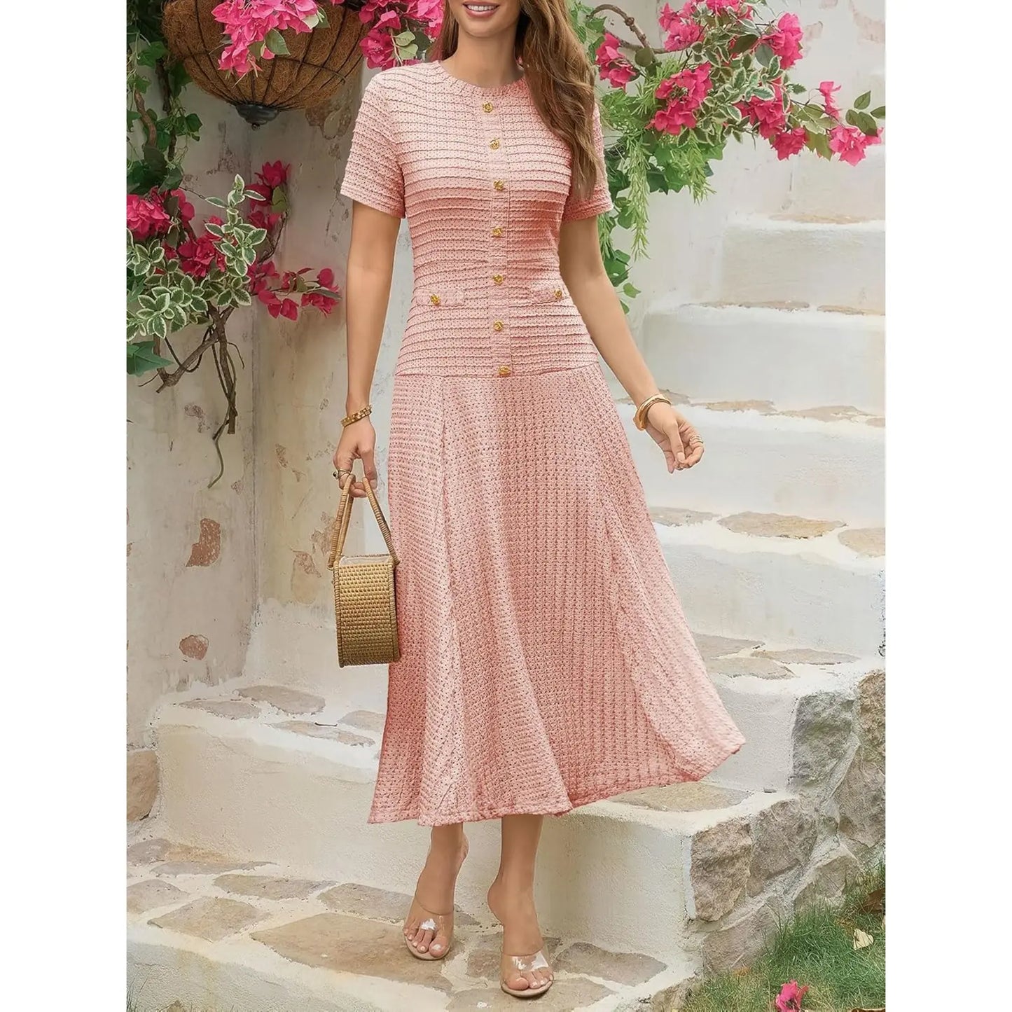 Wenrine Womens Midi Dress Summer Casual Short Sleeve Crewneck Button Decor. Textured Slim Fit a Line Dresses