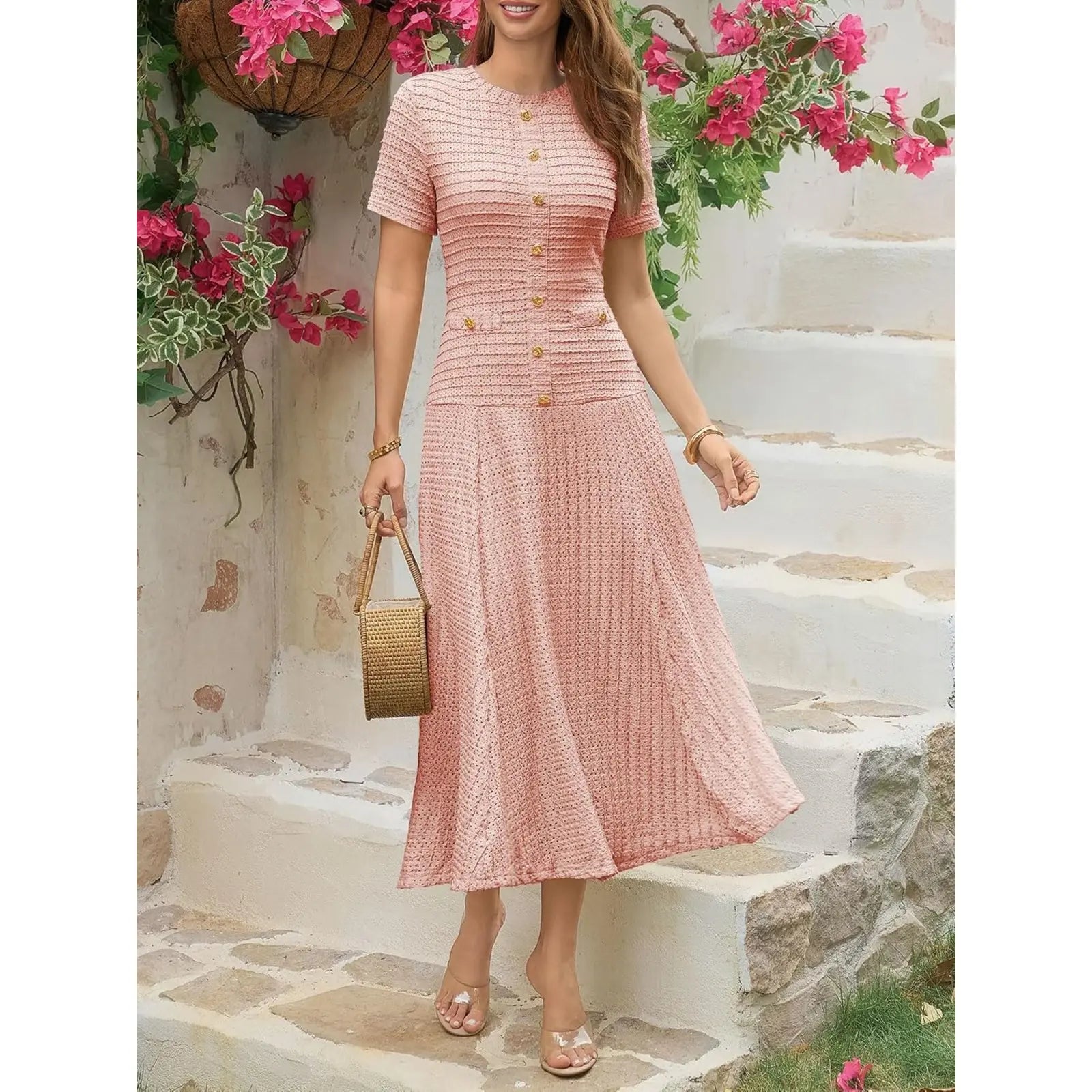 Wenrine Womens Midi Dress Summer Casual Short Sleeve Crewneck Button Decor. Textured Slim Fit a Line Dresses